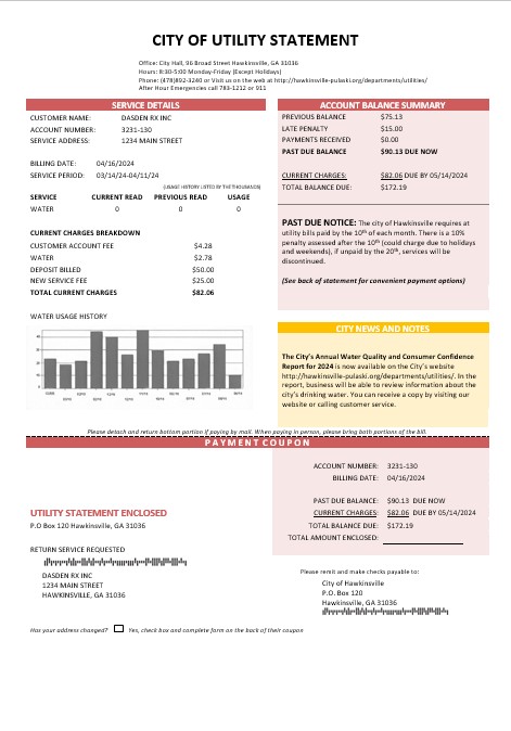 USA City of Utility Statement water business utility bill template in Word and PDF formats
